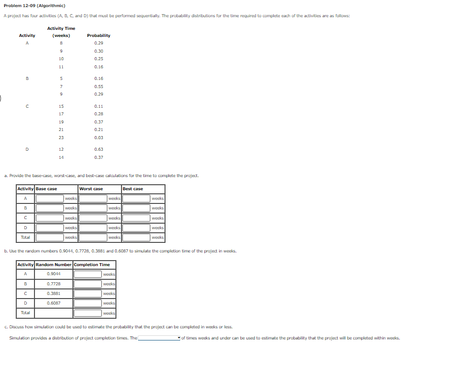 Problem 12 09 Algorithmic A Project Has Four Activities A B C And D That Must Be Performed Sequentially The Prob 1