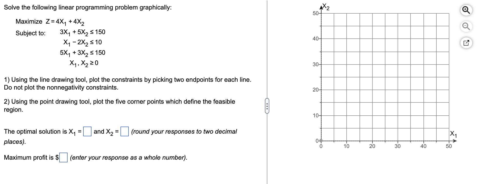 Solve The Following Linear Programming Problem Graphically Maximize Z 4x 4x Subject To 3x 5x 150 X 2x 10 1