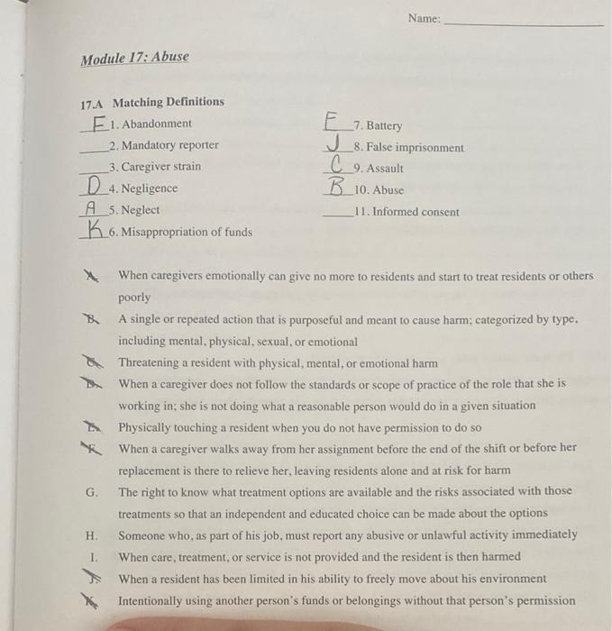 Name Module 17 Abuse 17 A Matching Definitions E1 Abandonment 2 Mandatory Reporter 3 Caregiver Strain D 4 Negligen 1