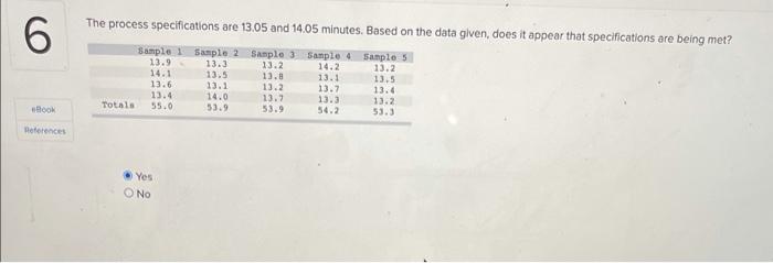 6 Ebook References The Process Specifications Are 13 05 And 14 05 Minutes Based On The Data Given Does It Appear That 1