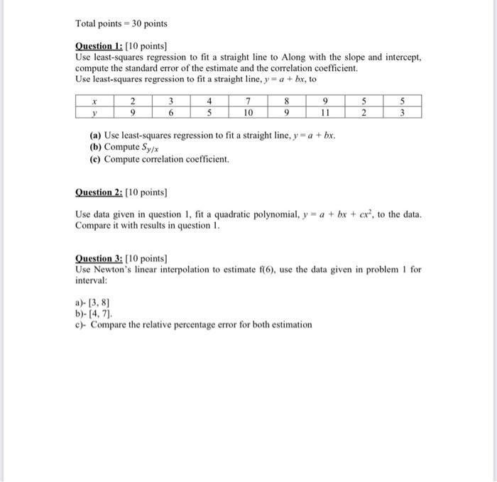 Total Points 30 Points Question 1 10 Points Use Least Squares Regression To Fit A Straight Line To Along With The Slo 1