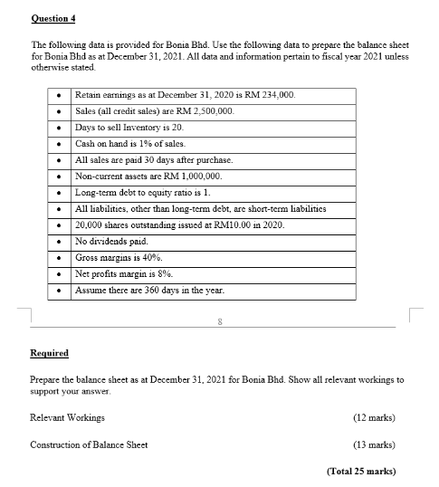 Question The Following Data Is Provided For Bonia Bhd Use The Following Data To Prepare The Balance Sheet For Bonia Bhd 1