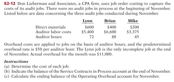 E2 12 Don Lieberman And Associates A Cpa Firm Uses Job Order Costing To Capture The Costs Of Its Audit Jobs There Wer 1