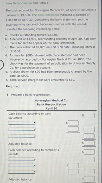 Bank Reconciliation And Entries The Cash Account For Norwegian Medical Co At April 30 Indicated A Balance Of 9 650 Th 1