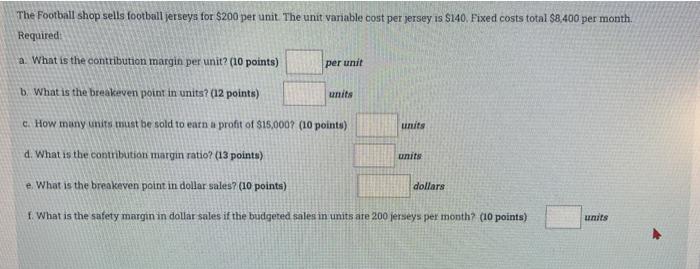 The Football Shop Sells Football Jerseys For 200 Per Unit The Unit Variable Cost Per Jersey Is 140 Fixed Costs Total 1