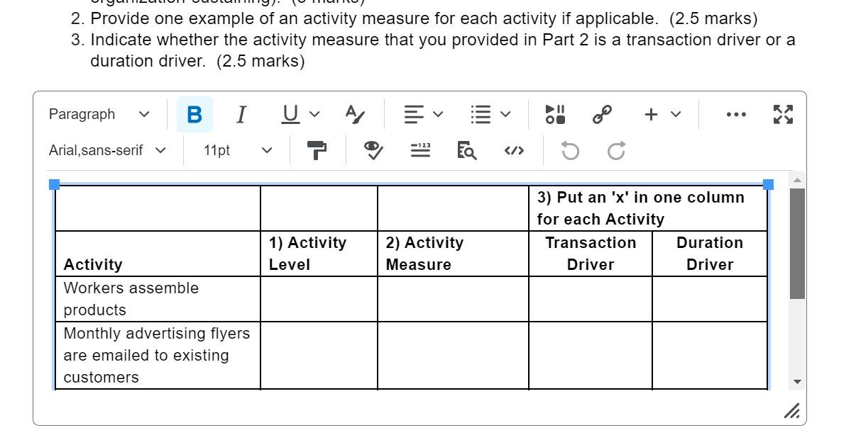 2 Provide One Example Of An Activity Measure For Each Activity If Applicable 2 5 Marks 3 Indicate Whether The Activ 1