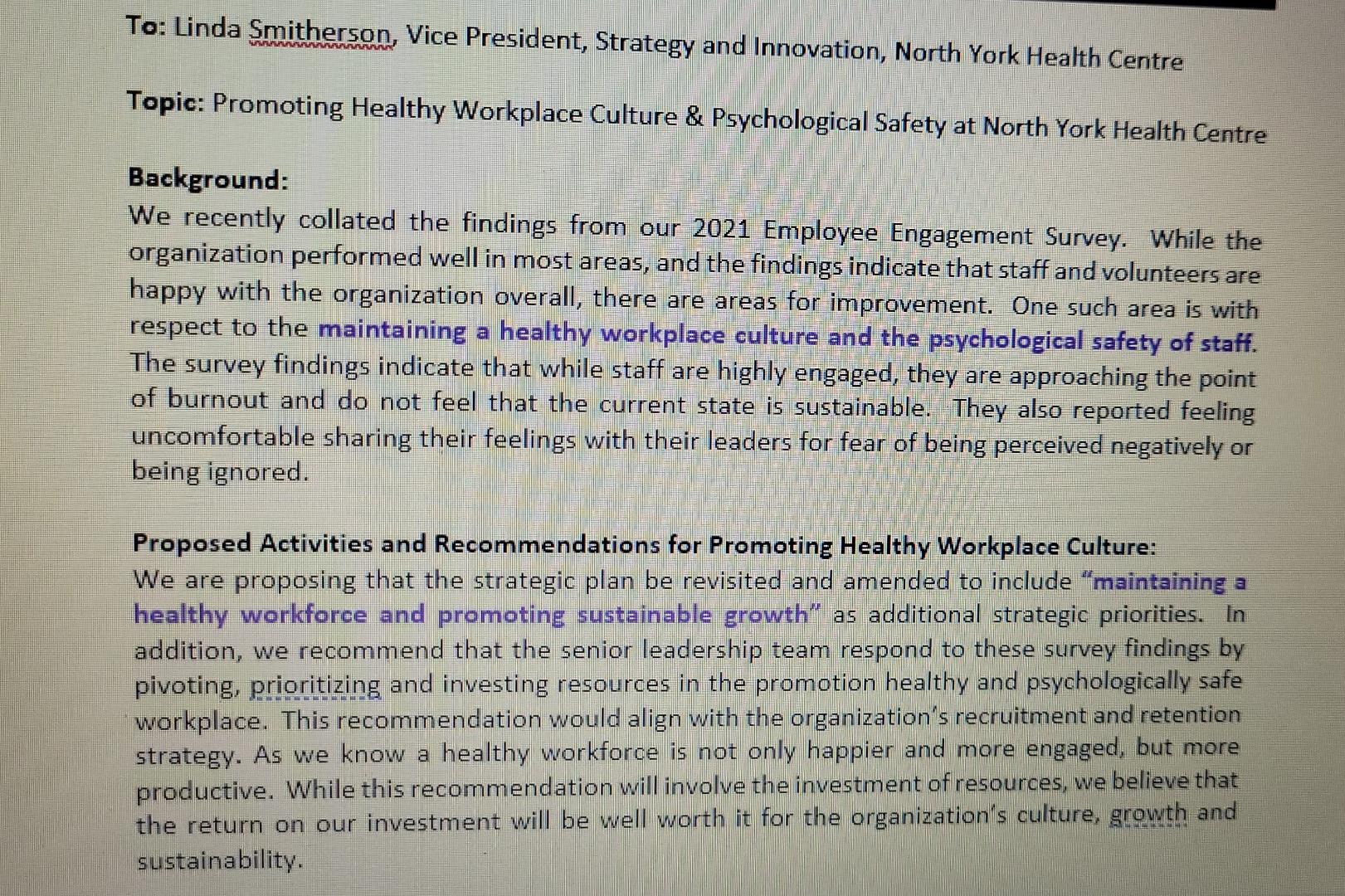 To Linda Smitherson Vice President Strategy And Innovation North York Health Centre Topic Promoting Healthy Workpla 1