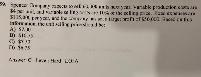 59 Spencer Company Expects To Sell 60 000 Units Next Year Variable Production Costs Are 4 Per Unit And Variable Sell 1