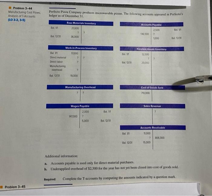 Problem 3 44 Manufacturing Cost Flows Analysis Of T Accounts Lo 3 2 3 5 Problem 3 45 Prepare Journal Entries To Reco 1