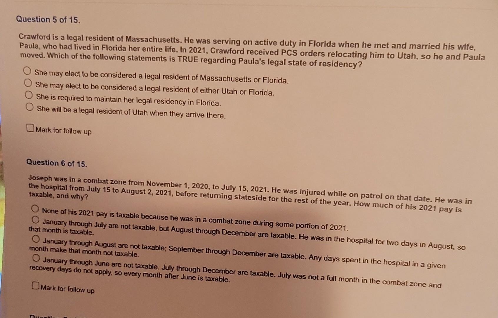 Question 5 Of 15 Crawford Is A Legal Resident Of Massachusetts He Was Serving On Active Duty In Florida When He Met An 1