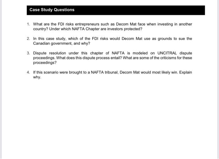 Case Study Questions 1 What Are The Fdi Risks Entrepreneurs Such As Decom Mat Face When Investing In Another Country U 1