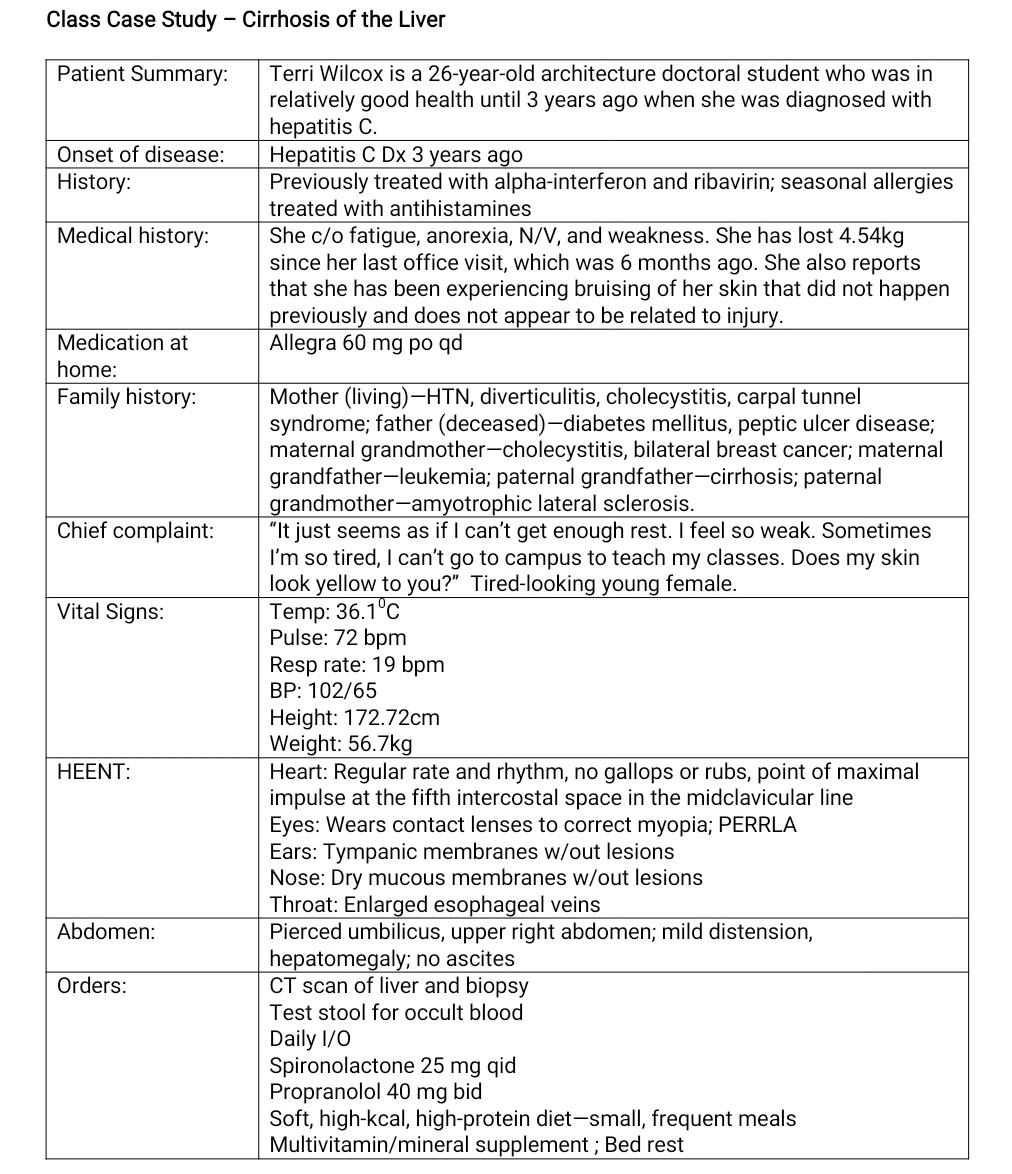 Class Case Study Cirrhosis Of The Liver Patient Summary Onset Of Disease History Terri Wilcox Is A 26 Year Old Arch 1