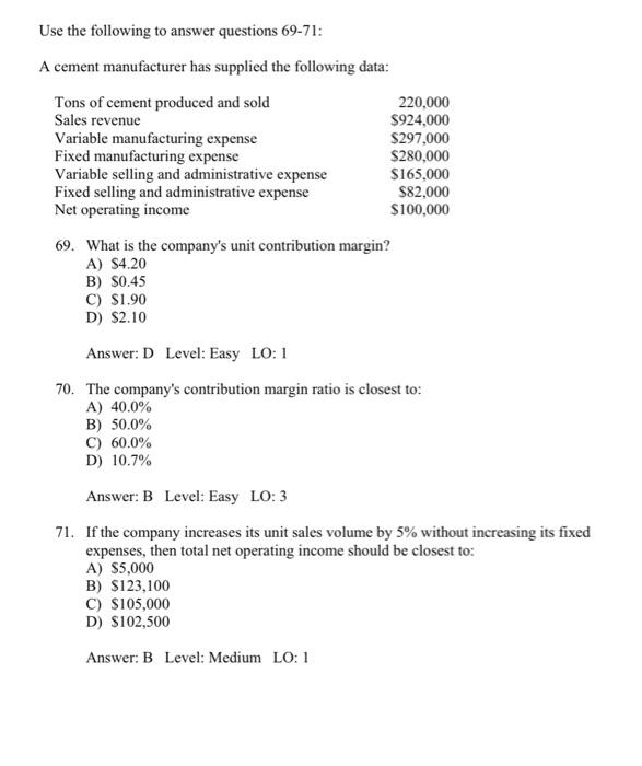 Use The Following To Answer Questions 69 71 A Cement Manufacturer Has Supplied The Following Data Tons Of Cement Produ 1