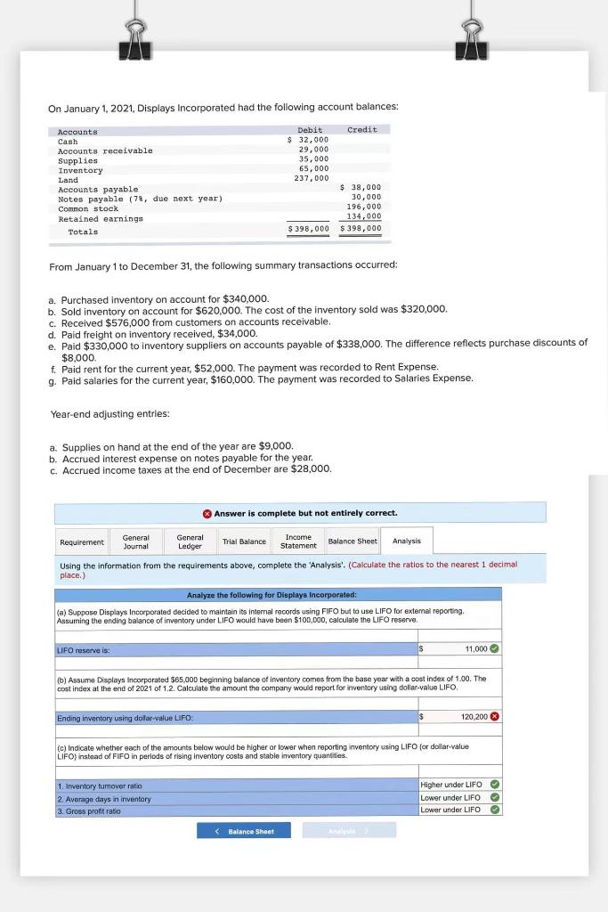 On January 1 2021 Displays Incorporated Had The Following Account Balances Accounts Cash Accounts Receivable Supplies 1