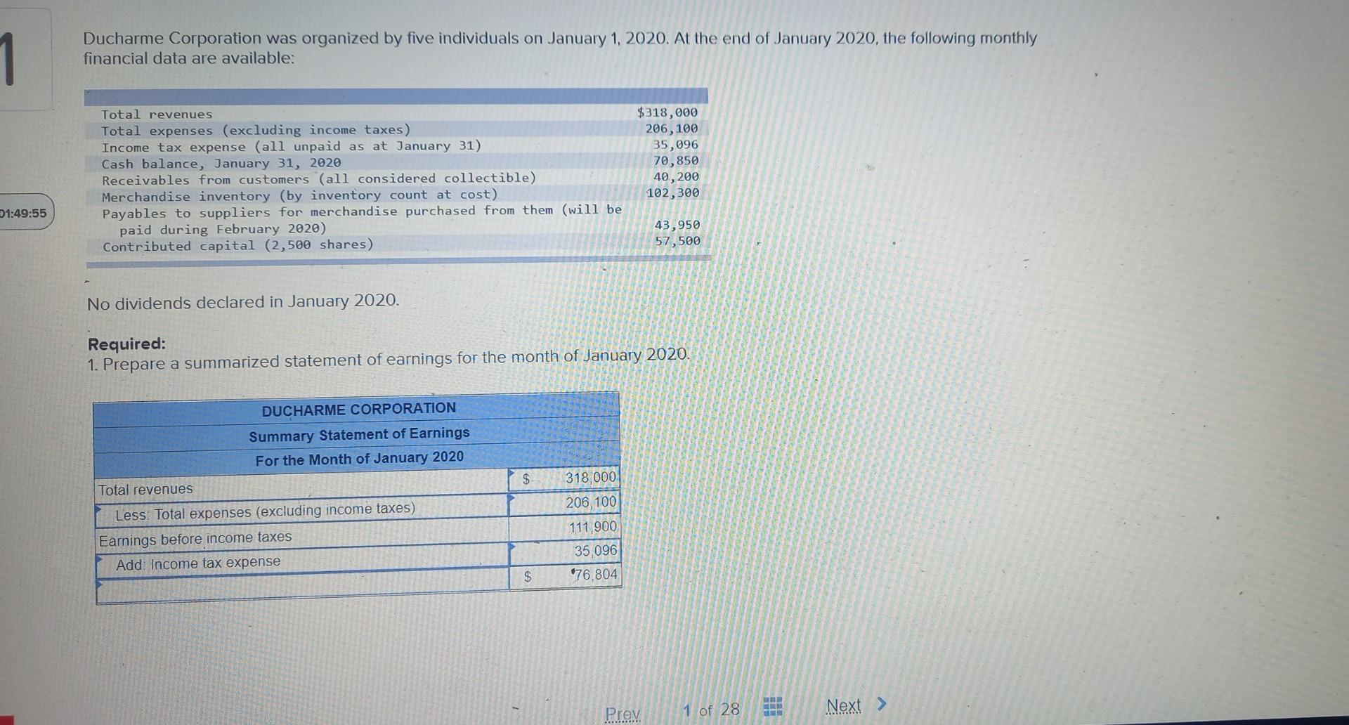 1 01 49 55 Ducharme Corporation Was Organized By Five Individuals On January 1 2020 At The End Of January 2020 The Fo 1