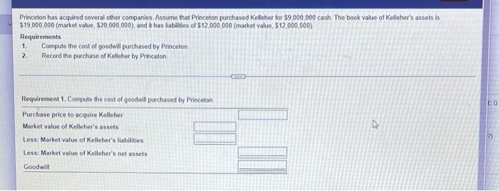 Princeton Has Acquired Several Other Companies Assume That Princeton Purchased Kelleher For 9 000 000 Cash The Book V 1