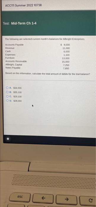 Acc111 Summer 2022 10738 Test Mid Term Ch 1 4 The Following Are Selected Current Month S Balances For Allbright Enterpr 1