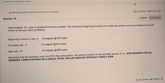 Question 8 1 Points Save Answer Joe S Widgets Inc Uses A Perpetual Inventory System The Company S Beginning Inventory 3