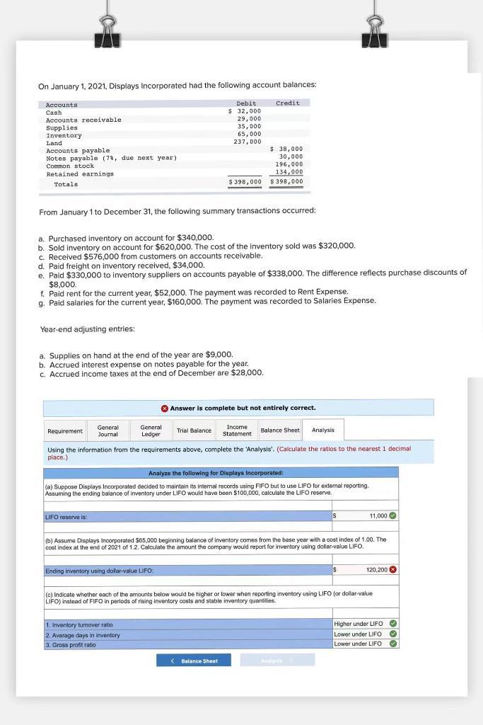 On January 1 2021 Displays Incorporated Had The Following Account Balances Accounts Cash Accounts Receivable Supplies 1