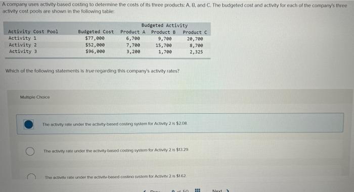 A Company Uses Activity Based Costing To Determine The Costs Of Its Three Products A B And C The Budgeted Cost And A 1