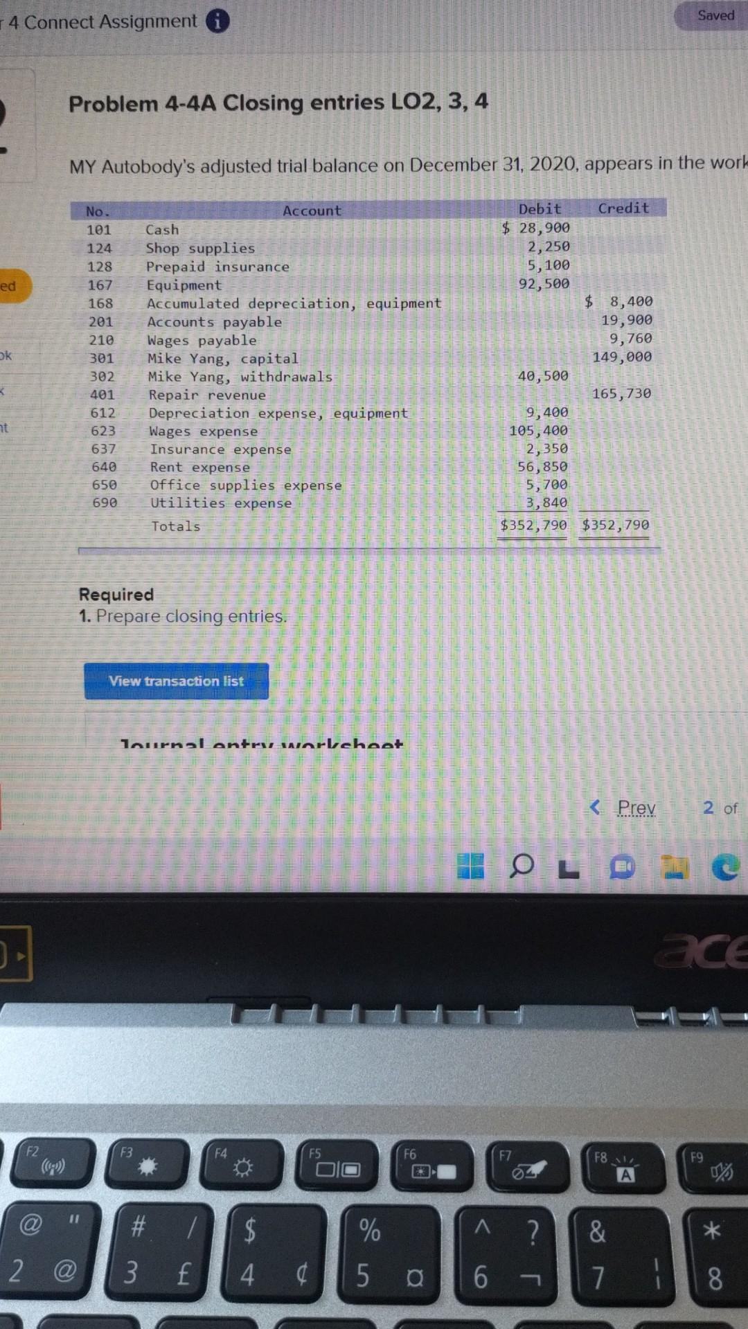4 Connect Assignment I Ed Ok K Ht 5 F2 Problem 4 4a Closing Entries Lo2 3 4 My Autobody S Adjusted Trial Balanc 1