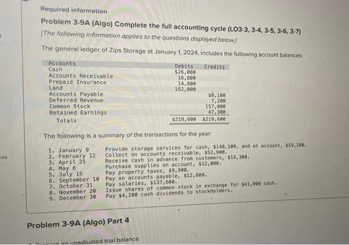 Ces Required Information Problem 3 9a Algo Complete The Full Accounting Cycle Lo3 3 3 4 3 5 3 6 3 7 The Followi 1