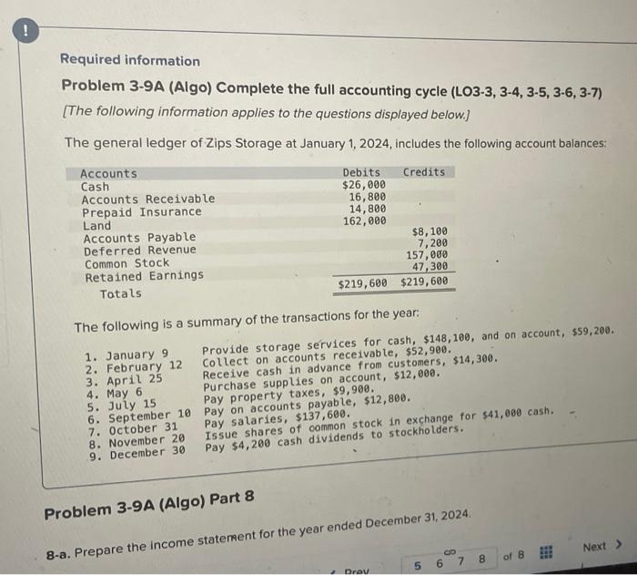 Required Information Problem 3 9a Algo Complete The Full Accounting Cycle Lo3 3 3 4 3 5 3 6 3 7 The Following 1