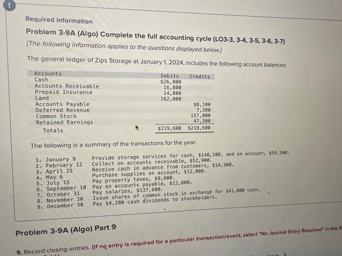 Required Information Problem 3 9a Algo Complete The Full Accounting Cycle Lo3 3 3 4 3 5 3 6 3 7 The Following I 1