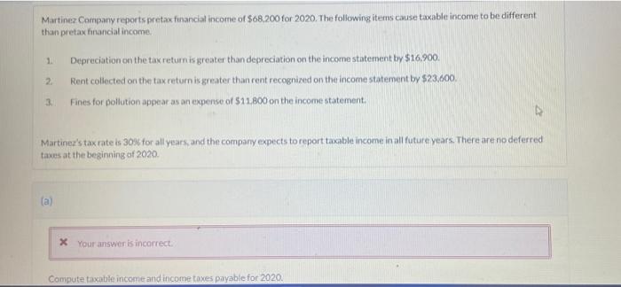 Martinez Company Reports Pretax Financial Income Of 68 200 For 2020 The Following Items Cause Taxable Income To Be Dif 1