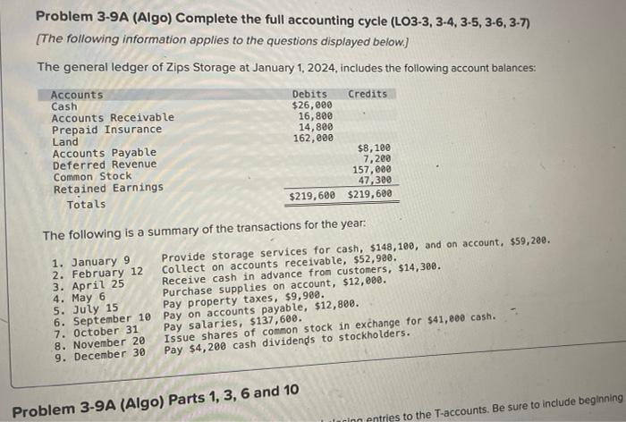 Problem 3 9a Algo Complete The Full Accounting Cycle Lo3 3 3 4 3 5 3 6 3 7 The Following Information Applies To 1