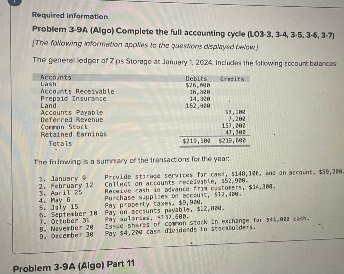 Required Information Problem 3 9a Algo Complete The Full Accounting Cycle Lo3 3 3 4 3 5 3 6 3 7 The Following I 1