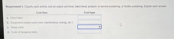 Requirement 1 Classify Each Activity Cost As Output Unit Level Batch Level Product Or Service Sustaining Or Facilit 1