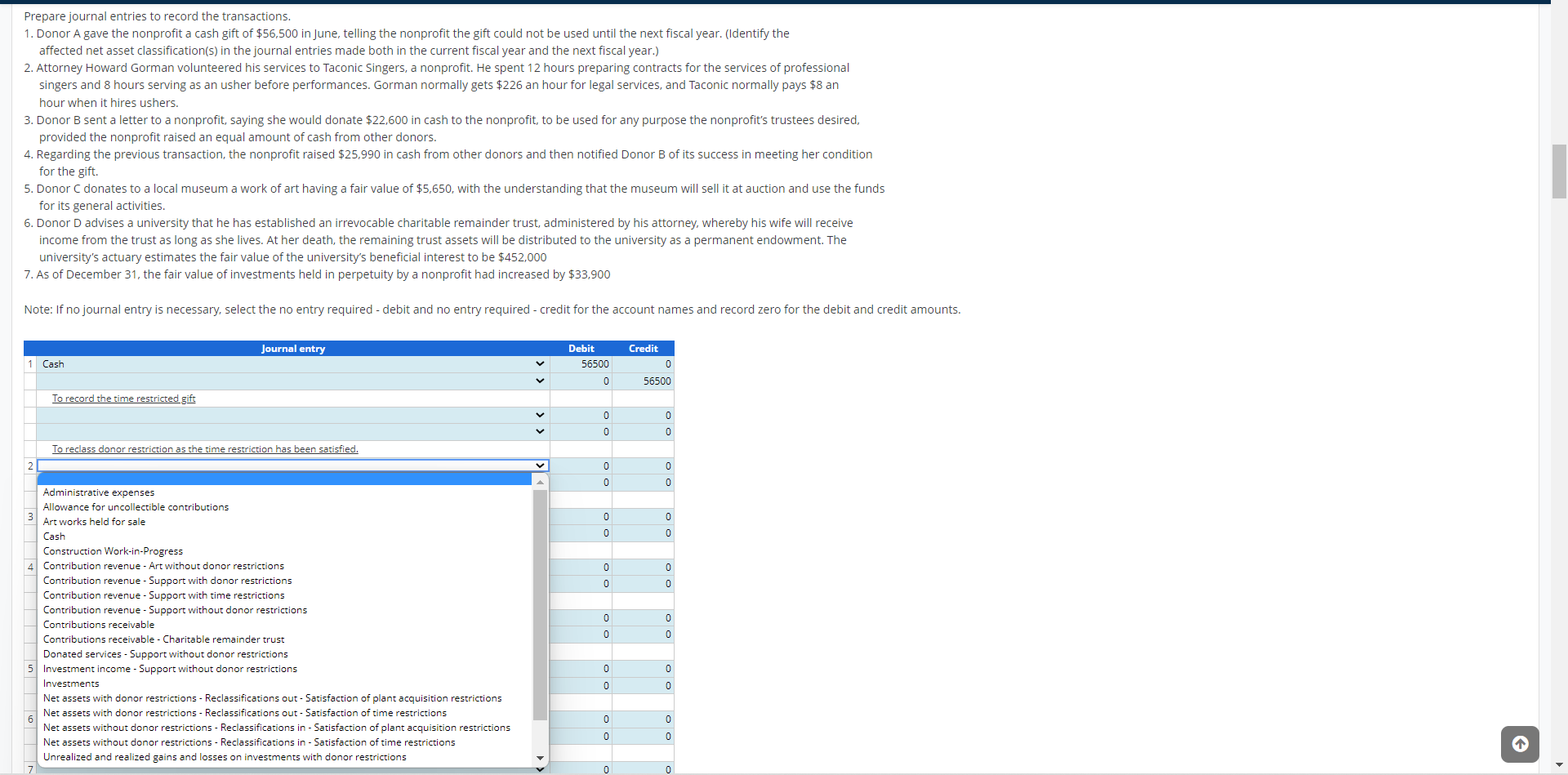 Prepare Journal Entries To Record The Transactions 1 Donor A Gave The Nonprofit A Cash Gift Of 56 500 In June Tellin 1