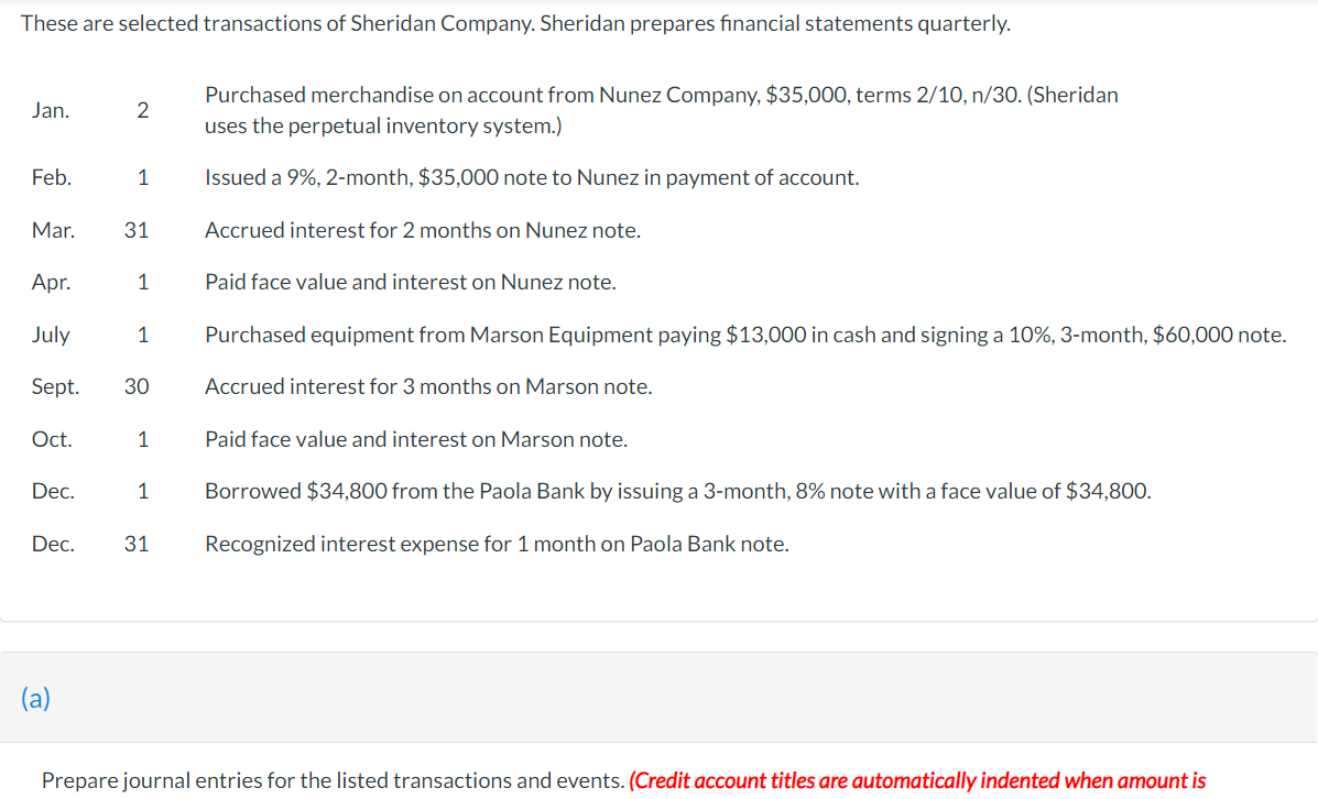 These Are Selected Transactions Of Sheridan Company Sheridan Prepares Financial Statements Quarterly Jan Feb Mar Ap 1