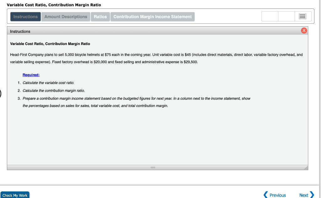 Variable Cost Ratio Contribution Margin Ratio Instructions Amount Descriptions Ratios Contribution Margin Income Statem 1