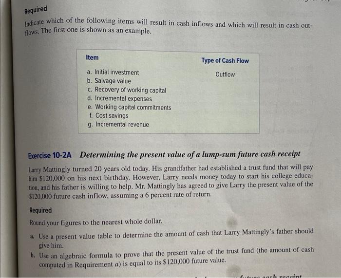 Required Indicate Which Of The Following Items Will Result In Cash Inflows And Which Will Result In Cash Out Flows The 1