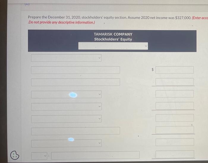 Tot Prepare The December 31 2020 Stockholders Equity Section Assume 2020 Net Income Was 327 000 Enter Acco Do No 1
