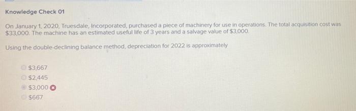 Knowledge Check 01 On January 1 2020 Truesdale Incorporated Purchased A Piece Of Machinery For Use In Operations Th 1