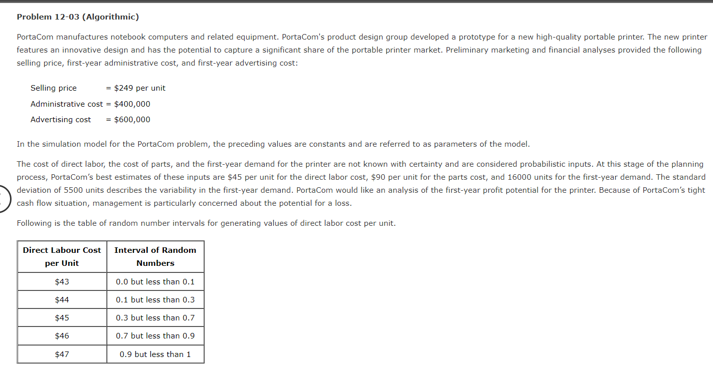 Problem 12 03 Algorithmic Portacom Manufactures Notebook Computers And Related Equipment Portacom S Product Design Gr 1