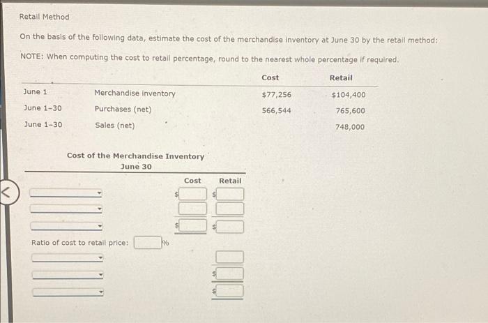 K Retail Method On The Basis Of The Following Data Estimate The Cost Of The Merchandise Inventory At June 30 By The Ret 1