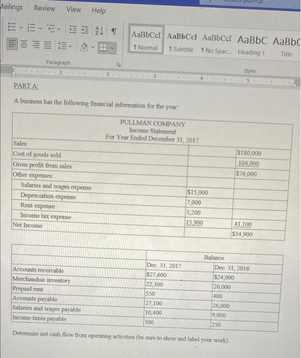 Mailings Review View Help Eeeeet E Paragraph 1 Sales Cost Of Goods Sold Gross Profit From Sales Other Expenses Part A A 1