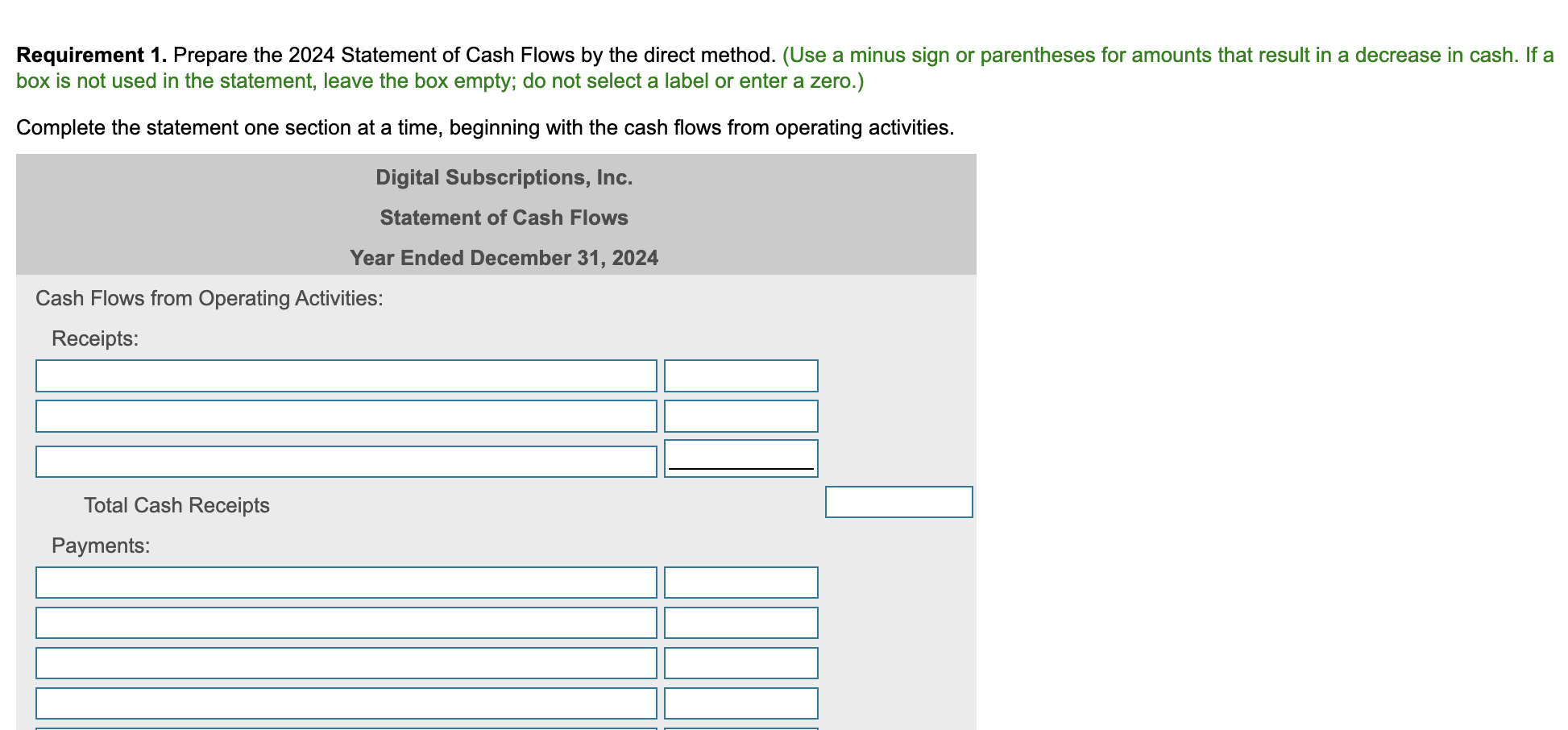 Requirement 1 Prepare The 2024 Statement Of Cash Flows By The Direct Method Use A Minus Sign Or Parentheses For Amoun 1