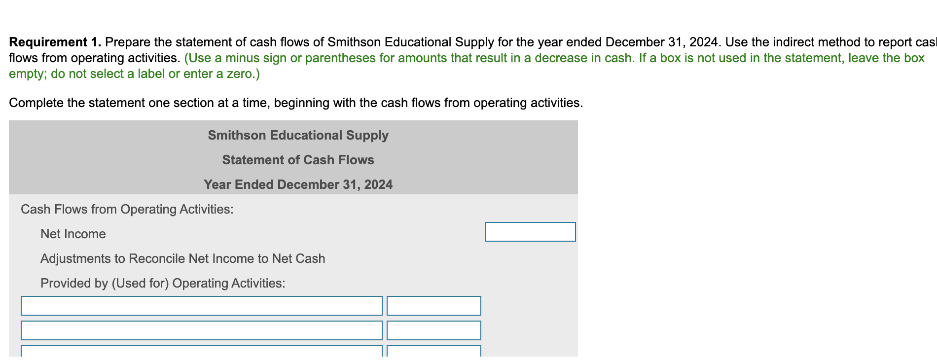 Requirement 1 Prepare The Statement Of Cash Flows Of Smithson Educational Supply For The Year Ended December 31 2024 1