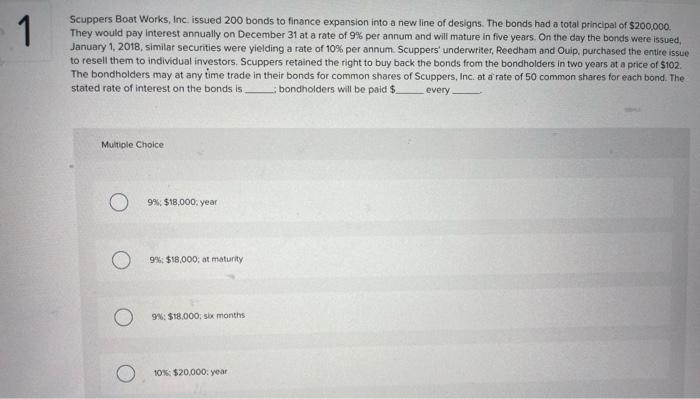 1 Scuppers Boat Works Inc Issued 200 Bonds To Finance Expansion Into A New Line Of Designs The Bonds Had A Total Prin 1