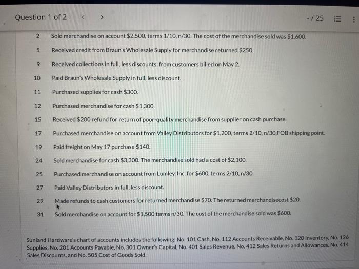 Question 1 Of 2 May 1 2 Sunland Hardware Store Completed The Following Merchandising Transactions In The Month Of May A 2