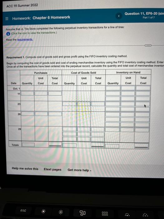 Acc 111 Summer 2022 Homework Chapter 6 Homework Assume That Jl Tire Store Completed The Following Perpetual Inventory 4