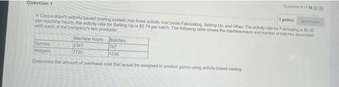 Question 1 1 Points Save Artw K Corporation S Activity Based Costing System Has Three Activity Cost Pools Fabricating S 1