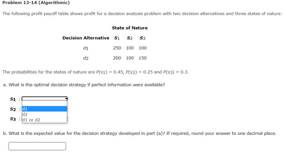 Problem 13 14 Algorithmic The Following Profit Payoff Table Shows Profit For A Decision Analysis Problem With Two Deci 1