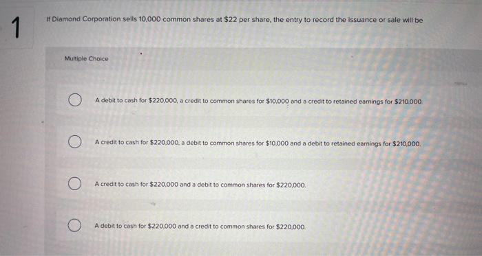 1 If Diamond Corporation Sells 10 000 Common Shares At 22 Per Share The Entry To Record The Issuance Or Sale Will Be M 1