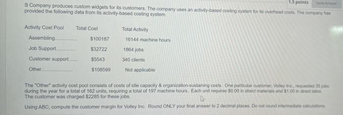 1 5 Points S Company Produces Custom Widgets For Its Customers The Company Uses An Activity Based Costing System For It 1